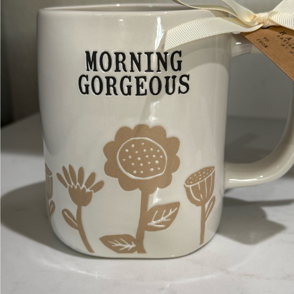 Rae Dunn White Mug with Tan Floral Design - MORNING GORGEOUS New